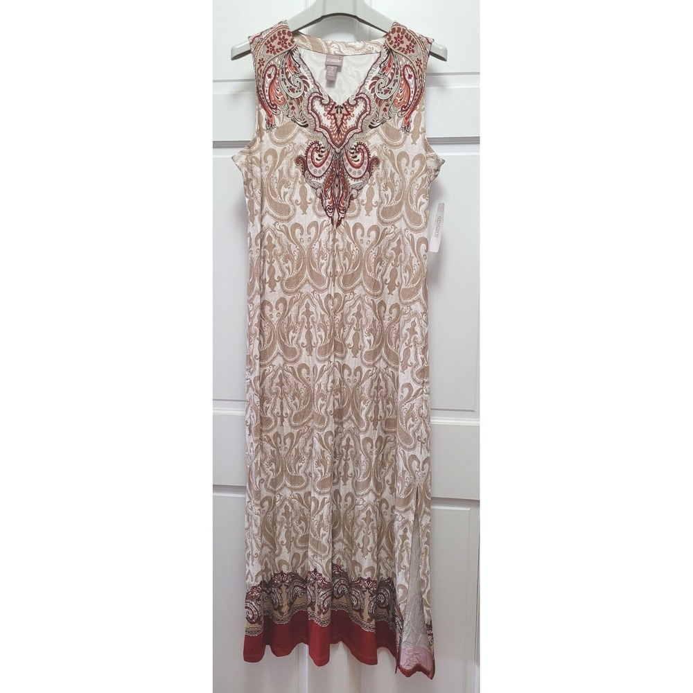 Chico's Rayon Stretch Sleeveless Boho V-Neck Paisley Maxi Dress - Sz 2 (Large)
